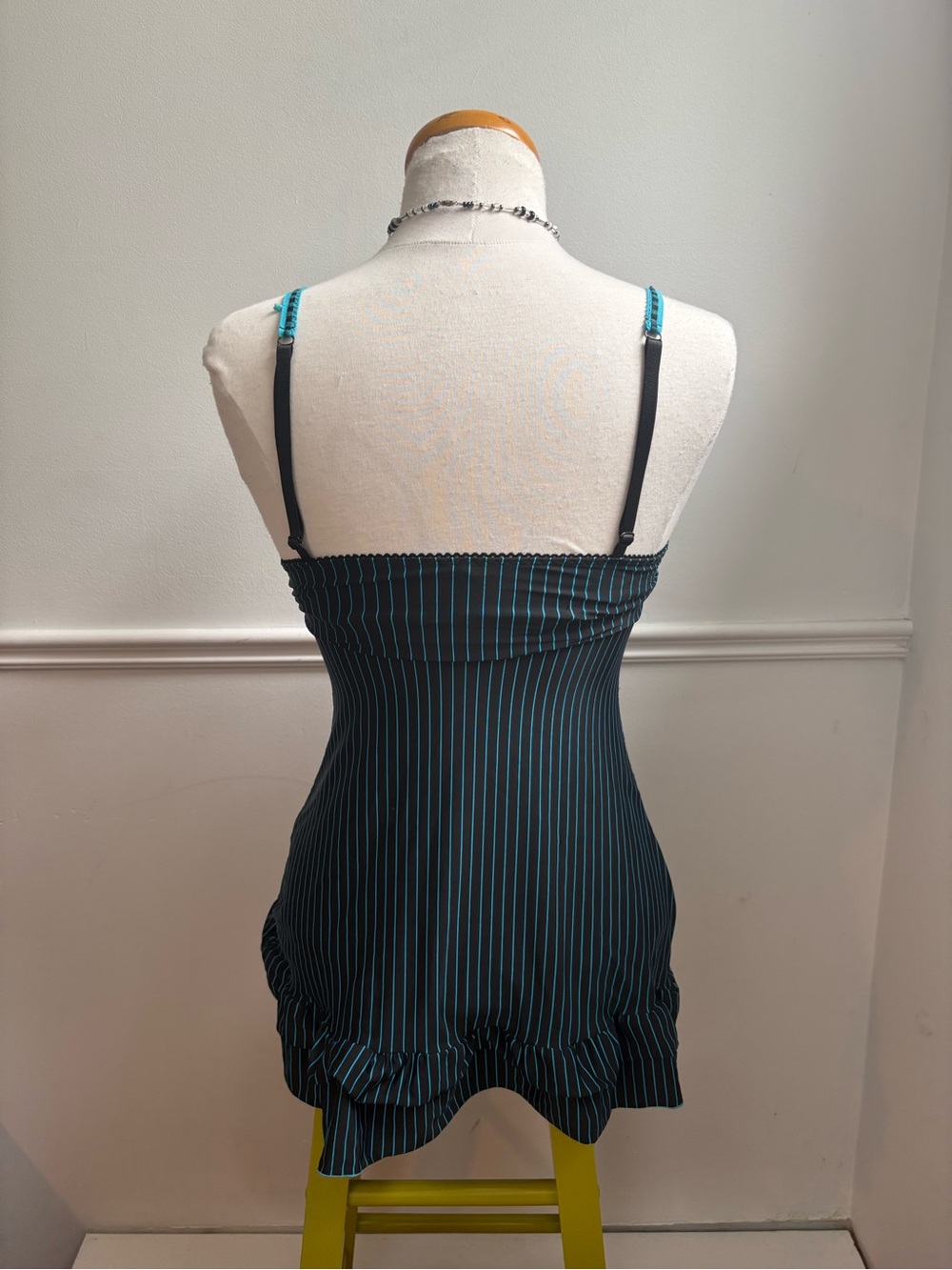 Black Pinstripe Camisole Slip with Teal Trim and Ruffle Hem - Picture 2 of 5